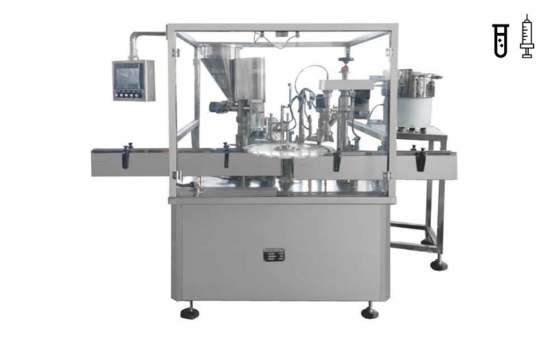 Automatic rotary powder flling, plugging andcapping monobloc machine